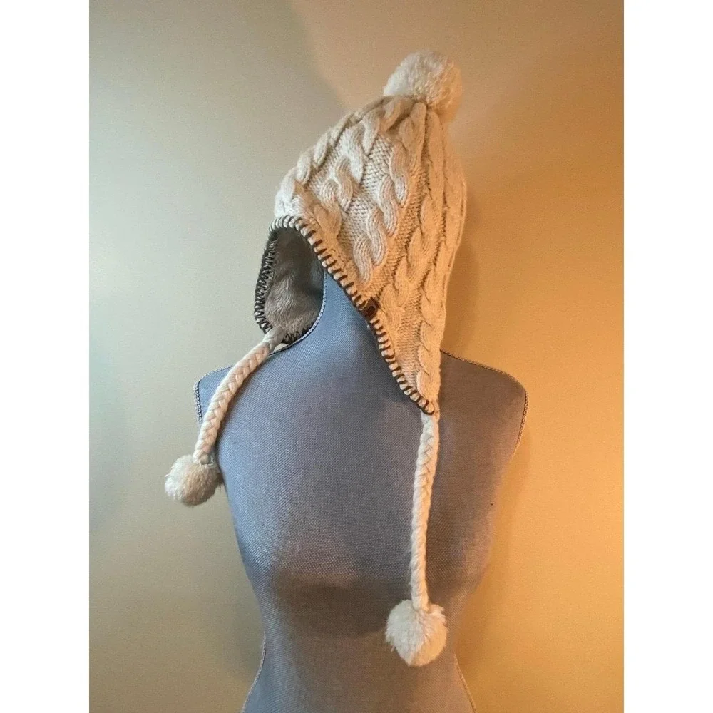 North Face Hat Beanie Pompom Women OSFM Cream Cable Knit Y2K s23